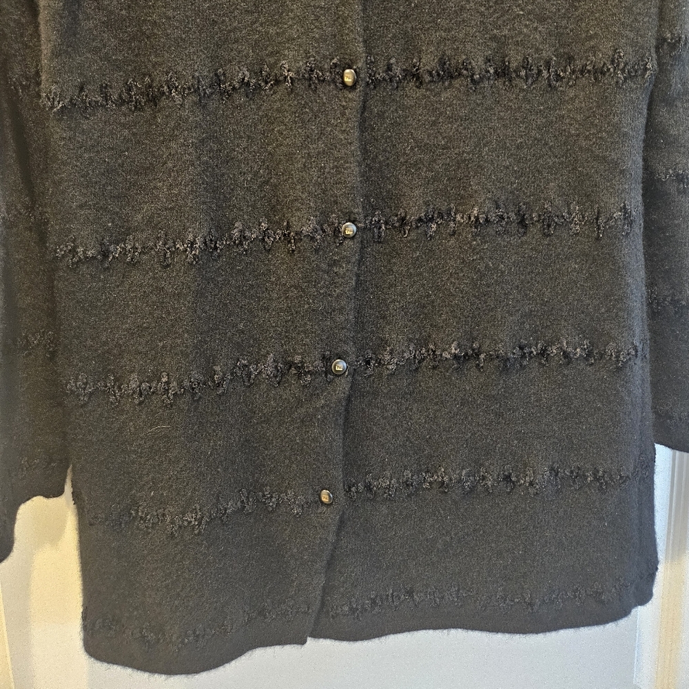 VINTAGE Fendi Cardigan Sweater Appliqué Stitched Fringe Collar Black Womens 42 8 - Picture 3 of 14